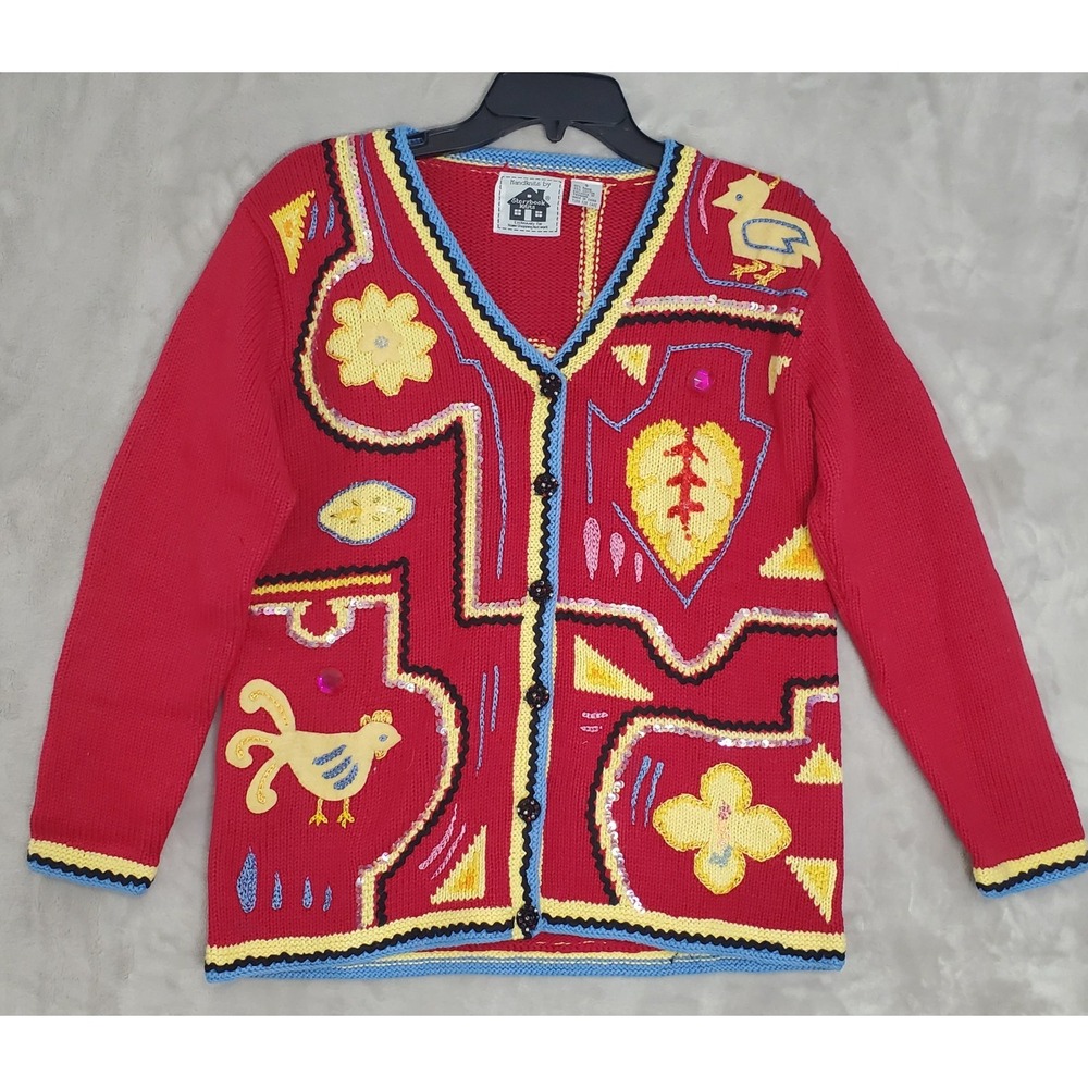Vintage Storybook Knits Red Sweater Womens S Mola Festival HSN Chickens NWT
